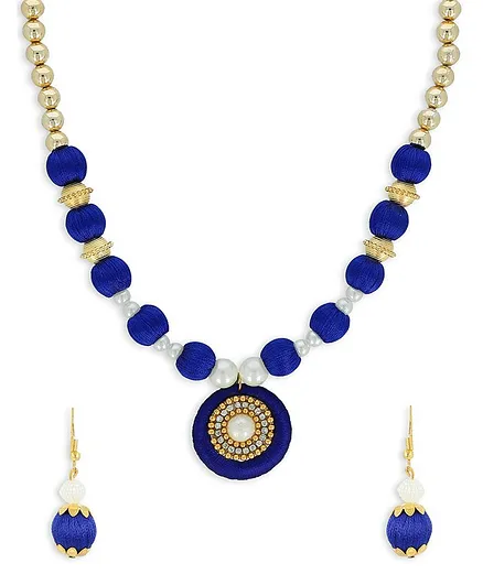 AKSHARA Pendent With Pearl Ball Silk Thread Necklace & Earrings Set - Blue