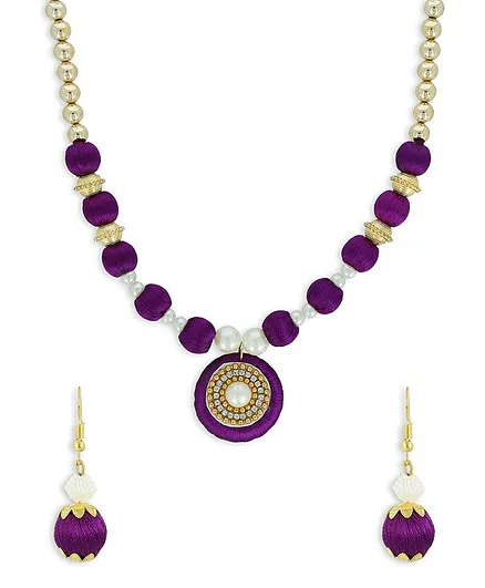 AKSHARA Pendent With Pearl Ball Silk Thread Necklace & Earrings Set - Purple
