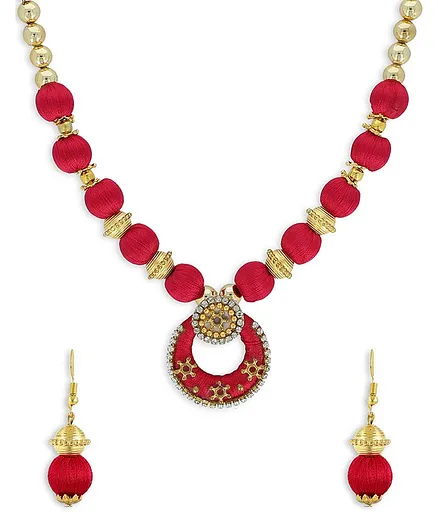AKSHARA Pendent With Gold Spacer Silk Thread Necklace & Earrings Set - Red
