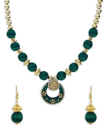 AKSHARA Pendent With Gold Spacer Silk Thread Necklace & Earrings Set - Green
