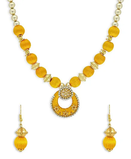 AKSHARA Pendent With Gold Spacer Silk Thread Necklace & Earrings Set - Gold