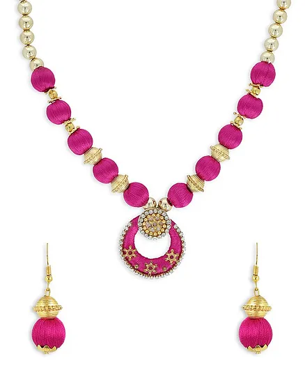 AKSHARA Pendent With Gold Spacer Silk Thread Necklace & Earrings Set - Pink
