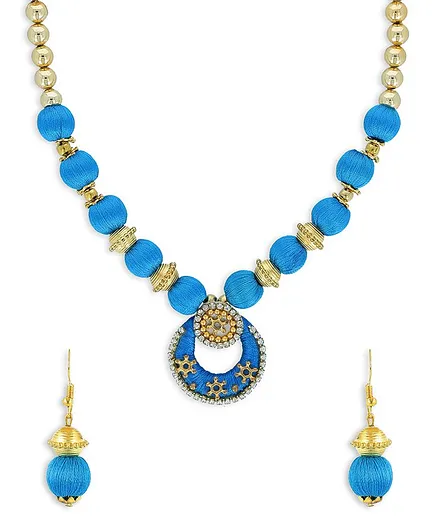 AKSHARA Pendent With Gold Spacer Silk Thread Necklace & Earrings Set - Blue