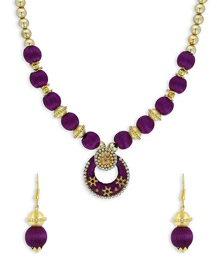 AKSHARA Pendent With Gold Spacer Silk Thread Necklace & Earrings Set - Purple