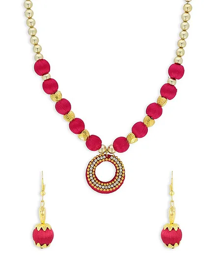 AKSHARA Pendent With Heart Spacer Silk Thread Necklace & Earrings Set - Red