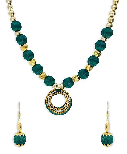AKSHARA Pendent With Heart Spacer Silk Thread Necklace & Earrings Set - Dark Green