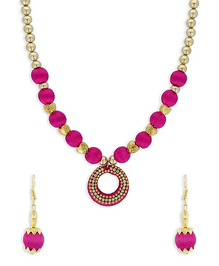 AKSHARA Pendent With Heart Spacer Silk Thread Necklace & Earrings Set - Pink