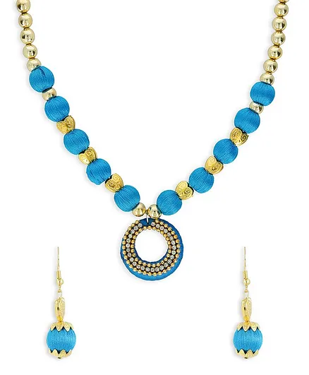 AKSHARA Pendent With Heart Spacer Silk Thread Necklace & Earrings Set - Sky Blue