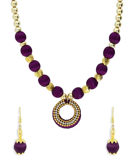 AKSHARA Pendent With Heart Spacer Silk Thread Necklace & Earrings Set - Purple
