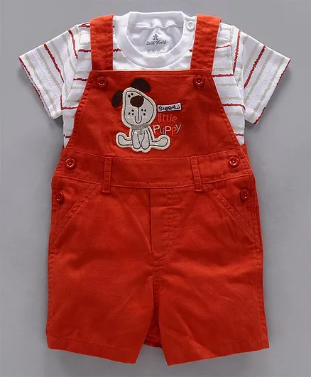 Child World Dungaree Style Romper with Half Sleeves Inner Tee Puppy Patch - Orange White
