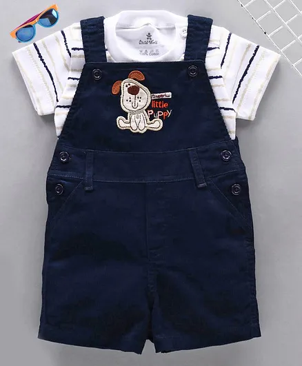 Child World Dungaree Style Romper with Half Sleeves Inner Tee Puppy Patch - Navy White