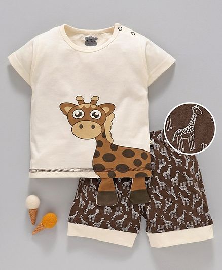 Mini Taurus Half Sleeves Tee & Shorts Giraffe Print - Cream Brown