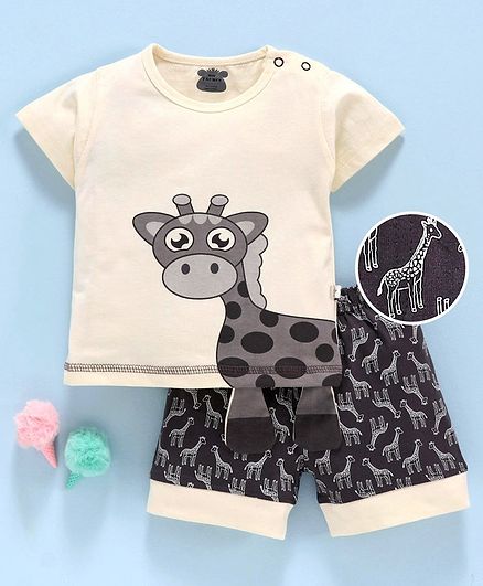 Mini Taurus Half Sleeves Tee And Shorts Giraffe Print - Cream & Brown
