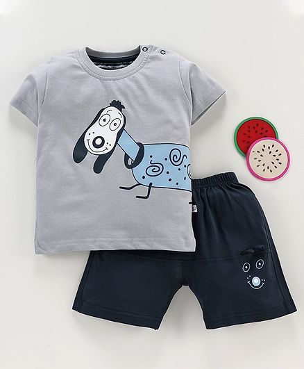 Mini Taurus Half Sleeves Tee & Shorts Dog Print - Grey Blue