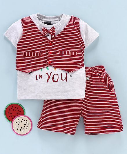 Mini Taurus Half Sleeves Tee with Attached Waistcoat and Stripe Shorts Bow Applique - White Red