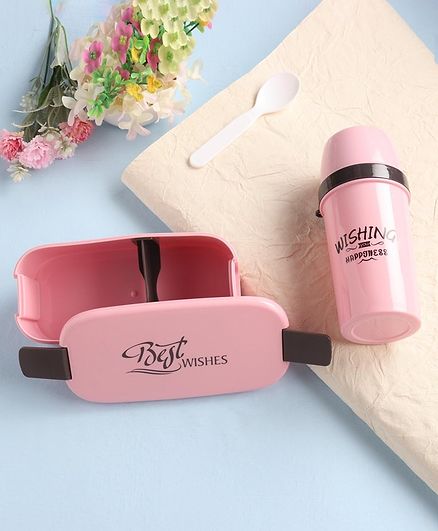 Lunch Box With Water Bottle & Spoon - Peach