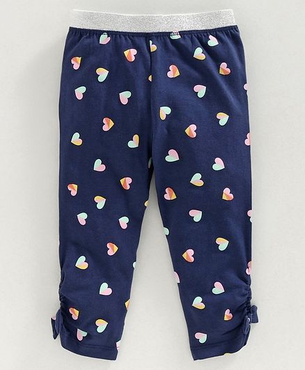 Babyoye Cotton Lycra Full Length Leggings Hear Print - Navy