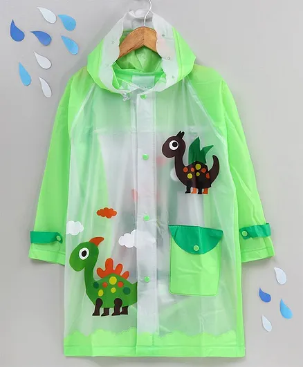 Full Sleeves Raincoat with Pouch Animal Print - Green