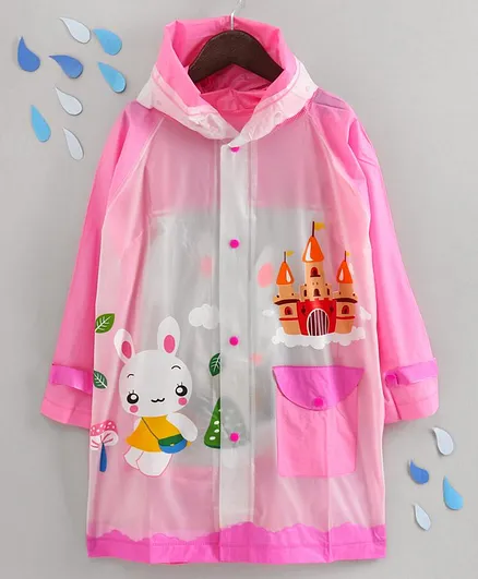 Full Sleeves Hooded Raincoat Bunny Print - Pink