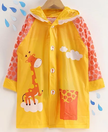 Full Sleeves Hooded Raincoat with Pouch Giraffe Print - Yellow