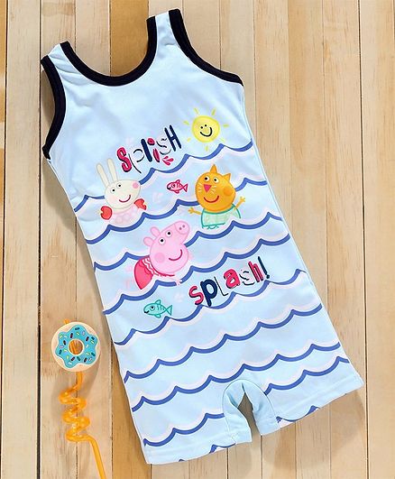 Mom's Love Sleeveless Legged Swimsuit Peppa Pig Print - Blue