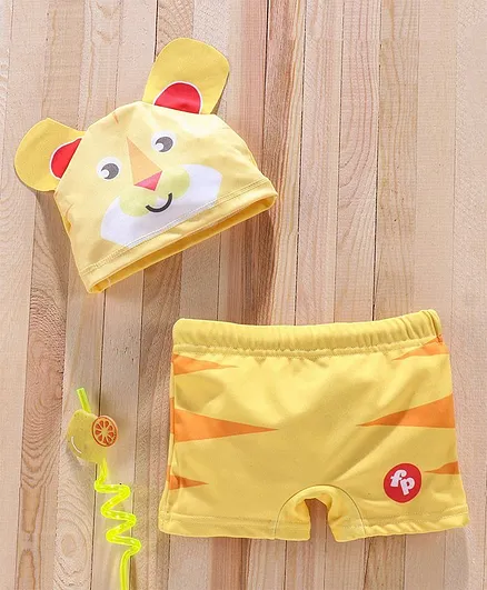 Mom's Love Swimming Trunks with Cap Lion Design - Yellow