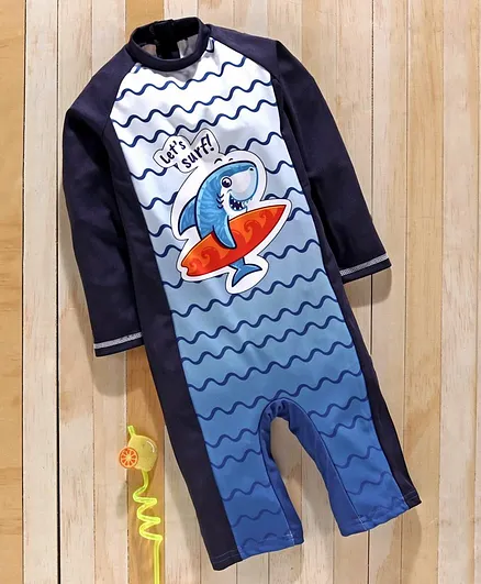 Mom's Love Full Sleeves Legged Swimsuit Fish Print - Blue