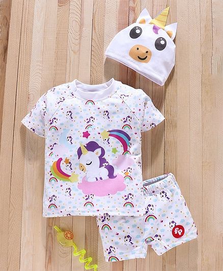Mom's Love Half Sleeves Two Piece Swim Suit with Cap Unicorn Print - White