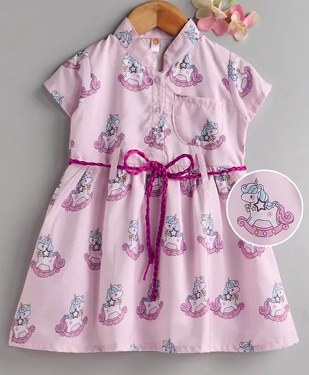 Dew Drops Half Sleeves Woven Frock Unicorn Print - Pink