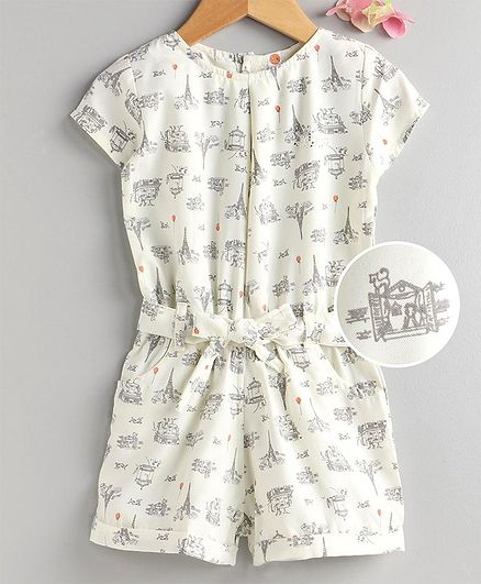 Dew Drops Half Sleeves Jumpsuit Eiffel Tower Print - Beige