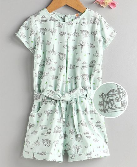 Dew Drops Half Sleeves Jumpsuit Eiffel Tower Print - Blue