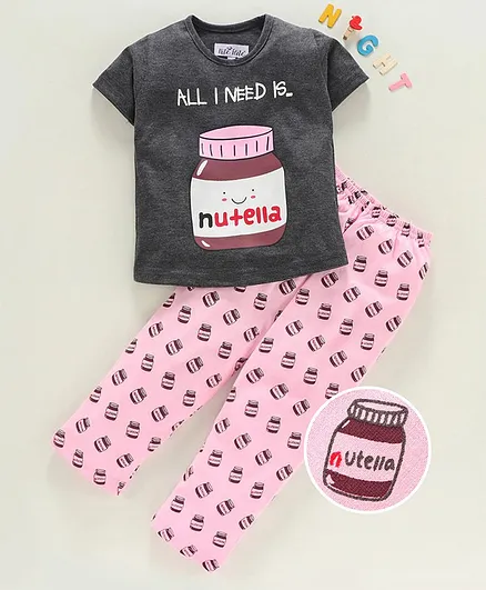 Nite Flite Half Sleeves All I Need Is Nutella Printed Night Suit - Grey & Light Pink