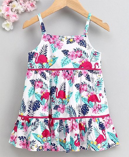 Babyhug Singlet Frock Flamingo & Floral Print - White Pink
