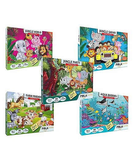 Pola Puzzles Jungle World Party Aqua Buddies Farm Friends & Safari Jigsaw Pack of 5 - 60 Pieces Each