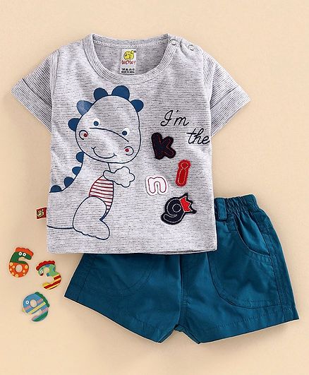 Wow Clothes Half Sleeves Tee & Shorts Dino Print - Blue Grey