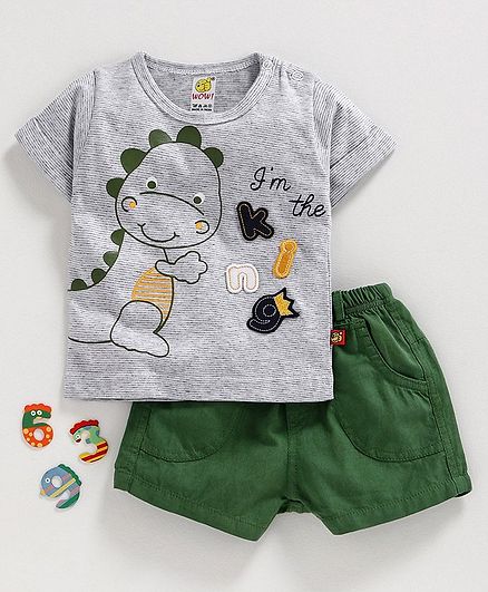 Wow Clothes Half Sleeves Tee & Shorts Dino Print - Green Grey