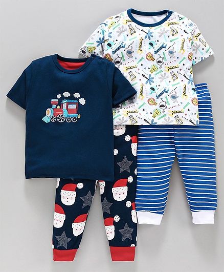 Kidi Wav Santa Claus Printed Half Sleeves Pack Of 2 Tee & Bottom - Navy Blue & White