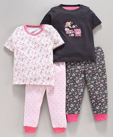 Kidi Wav Flowers Printed Half Sleeves Pack Of 2 Tee & Bottom - Grey Pink & Black