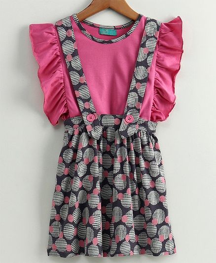 Tiara Ruffle Sleeveless Top & Circle Print Pinafore Skirt - Pink
