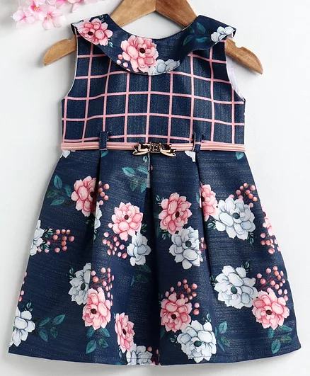 Rassha Flower Print Sleeveless Dress - Navy Blue