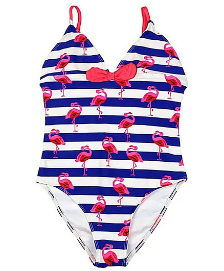 Unicorns Ostrich Print Sleeveless Striped Swimsuit - Blue & Red