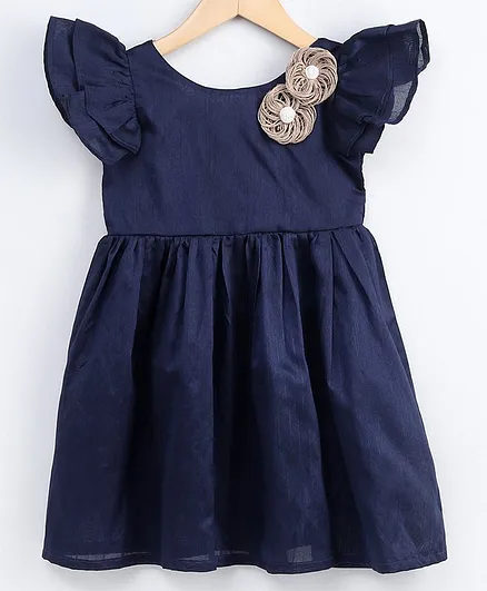 My Pink Closet Flower Decorated Short Sleeves Dress - Blue