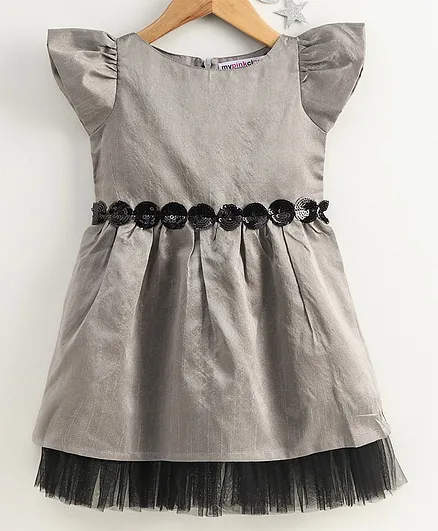My Pink Closet Sequin At Waistline Short Sleeves Dress - Grey