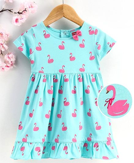 Babyhug Short Sleeves Frock Swan Print - Blue