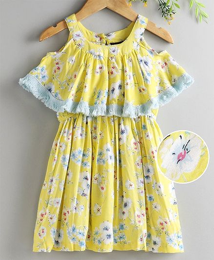 Pspeaches Flower Print Half Sleeves Cold Shoulder Dress - Yellow