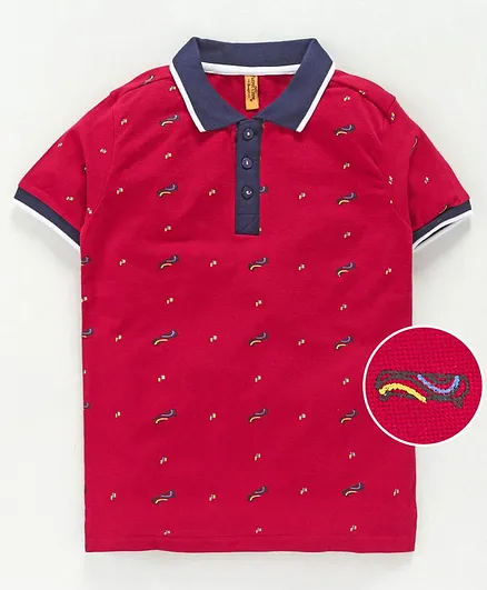 ParrotCrow Skate Board Print Half Sleeves Tee - Red