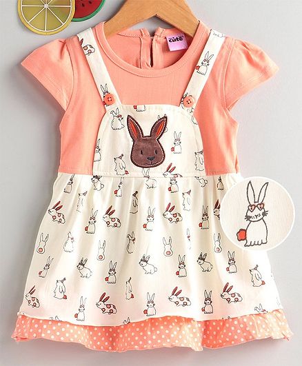 U R Cute Bunny Print Cap Sleeves Dress - Peach