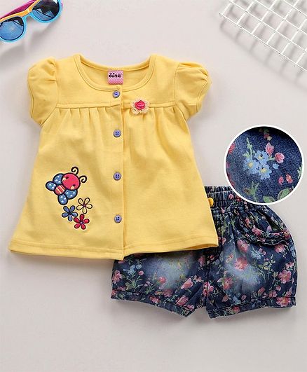 U R Cute Short Sleeves Top With Flower Print Shorts - Yellow