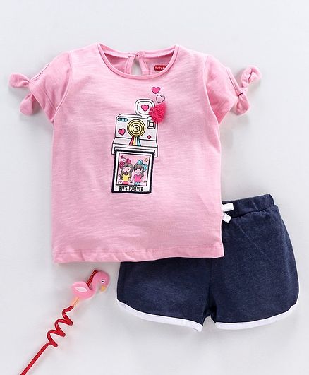 Babyhug Short Sleeves Top & Shorts Camera Print - Blue Pink