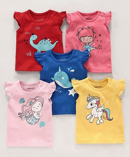 Babyoye Flutter Sleeves Printed Tee Pack of 5 - Multicolor